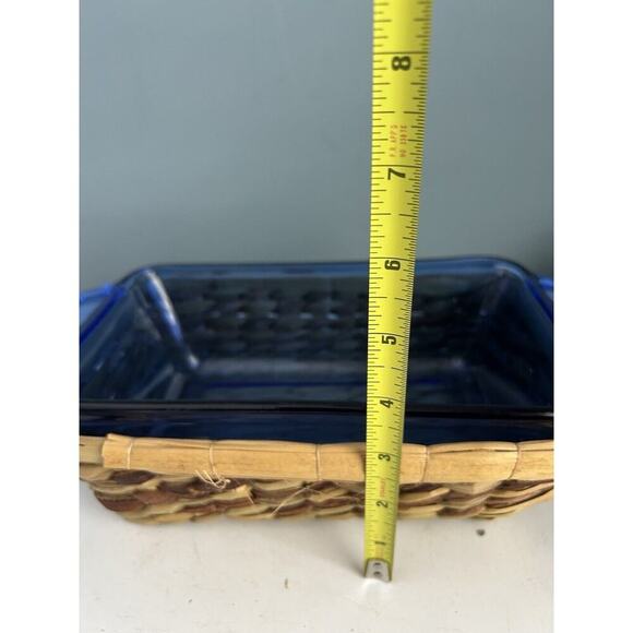 Cobalt Blue Anchor Hocking Loaf Dish 1.5 Qt Baking Pan w/ Woven Serving Basket - Picture 7 of 9